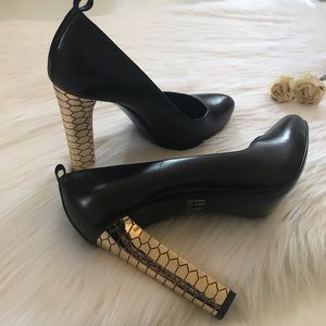 Roberto Cavalli Heels Honeycomb Gold Block Heel